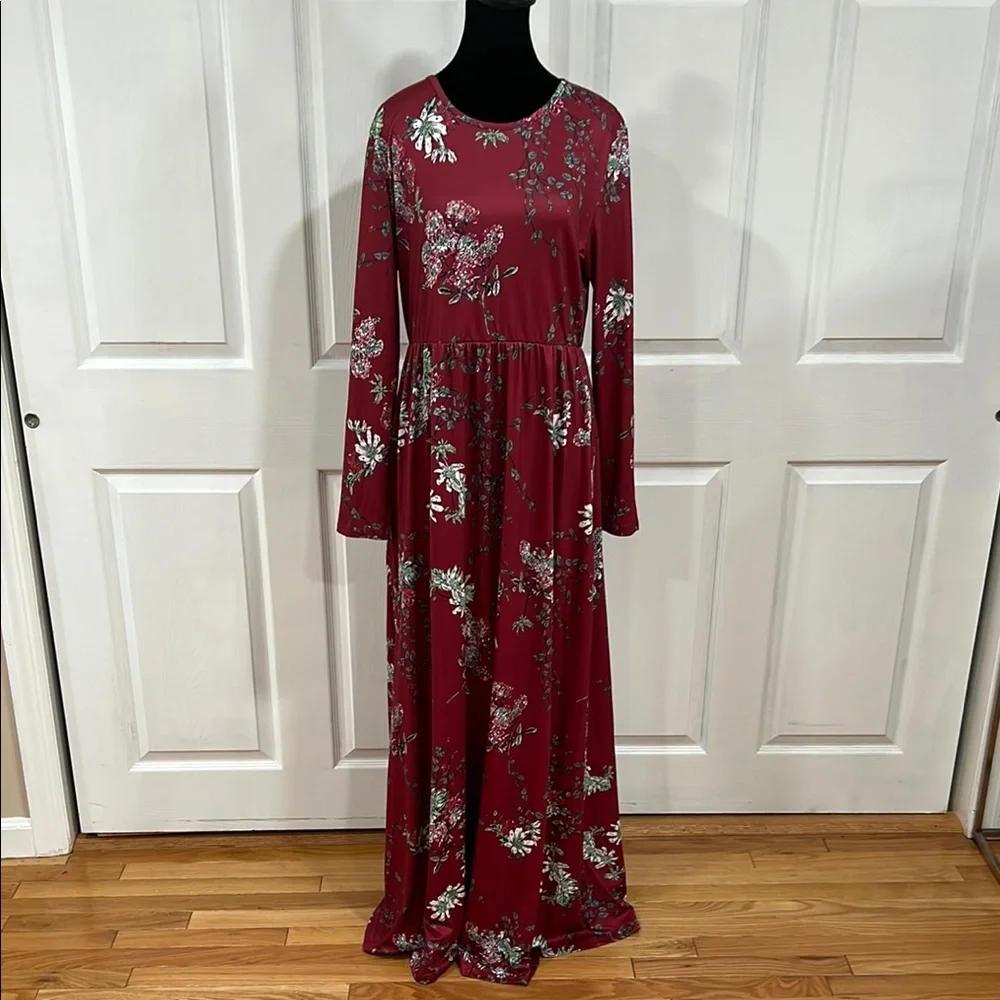 Like new🌹Burgundy Floral Maxi Dress with Long Sleeves size XL - Picture 3 of 16